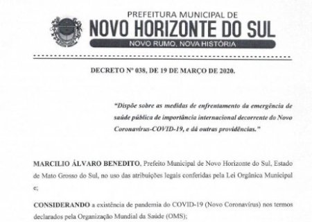 NOVO HORIZONTE DO SUL - DECRETO N° 038, DE 19 DE MARÇO DE 2020.