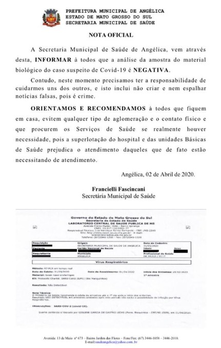 Angélica - Secretaria Municipal de Saúde, caso suspeito COVID-19 testou negativo.