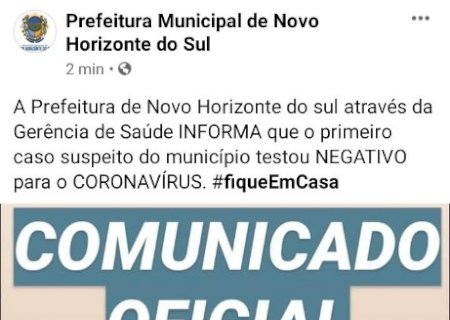 Novo Horizonte do Sul - Caso suspeito COVID-19 testou negativo.