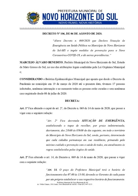 PREFEITURA DE NOVO HORIZONTE DO SUL PUBLICA DECRETO DE FLEXIBILIZAÇÃO A COVID-19