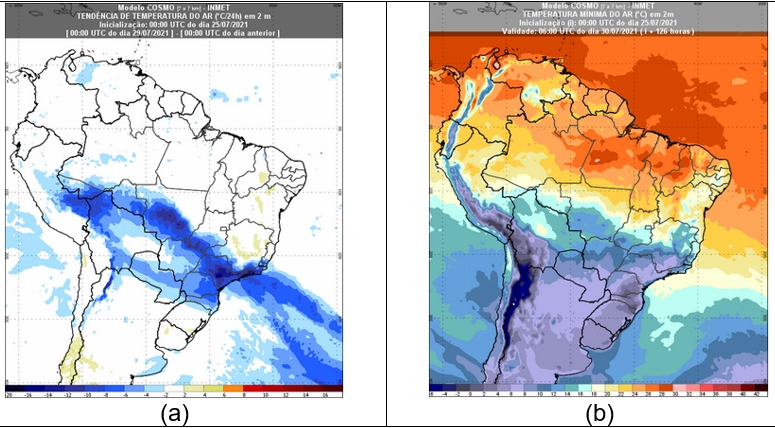 Está mantida a previsão de frio intenso entre os dias 28/07 e 1° de agosto para o Centro-Sul do Brasil, com a incursão de uma nova e intensa Onda de Frio.