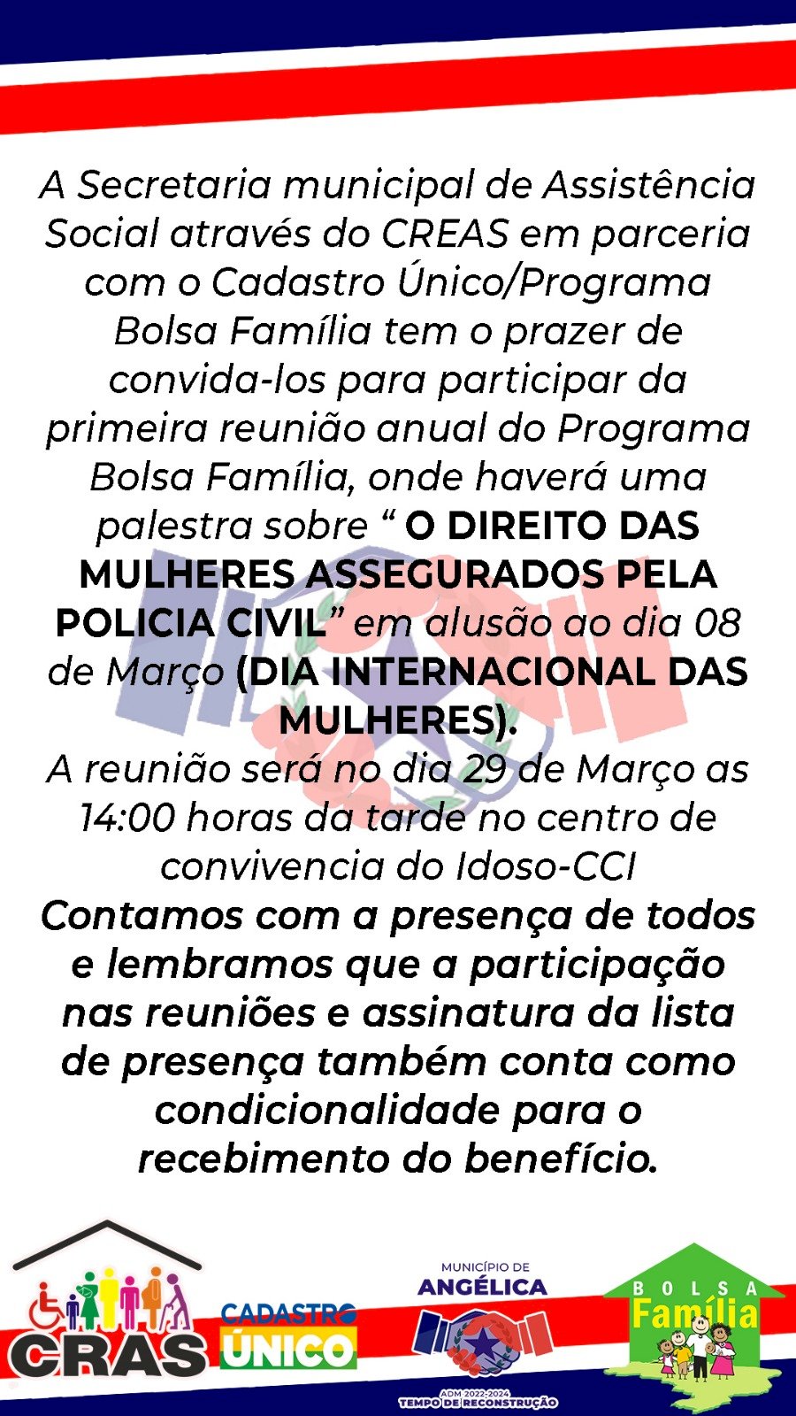 Assistência Social realiza palestra sobre direito das mulheres nesta quarta-feira.