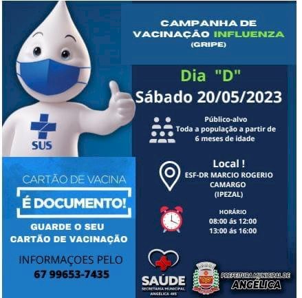 Sábado vinte é dia de vacinação contra gripe em Angélica e Ipezal.