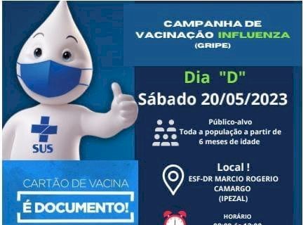 Sábado vinte é dia de vacinação contra gripe em Angélica e Ipezal.