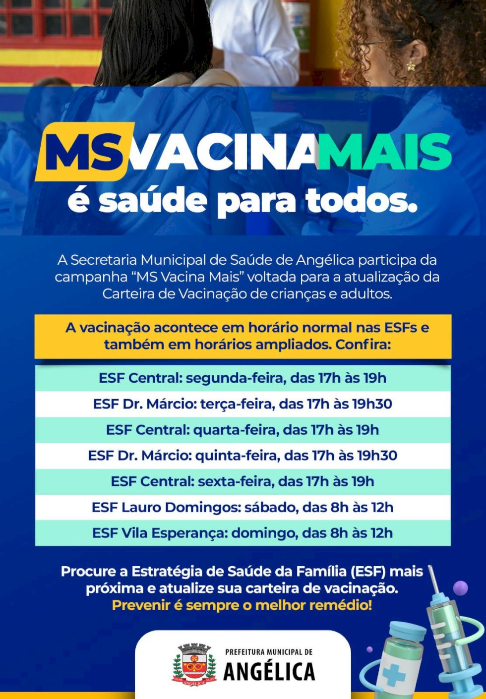 Angélica realizará Drive Thru da Vacinação e salas de vacina estão funcionando em horário estendido.