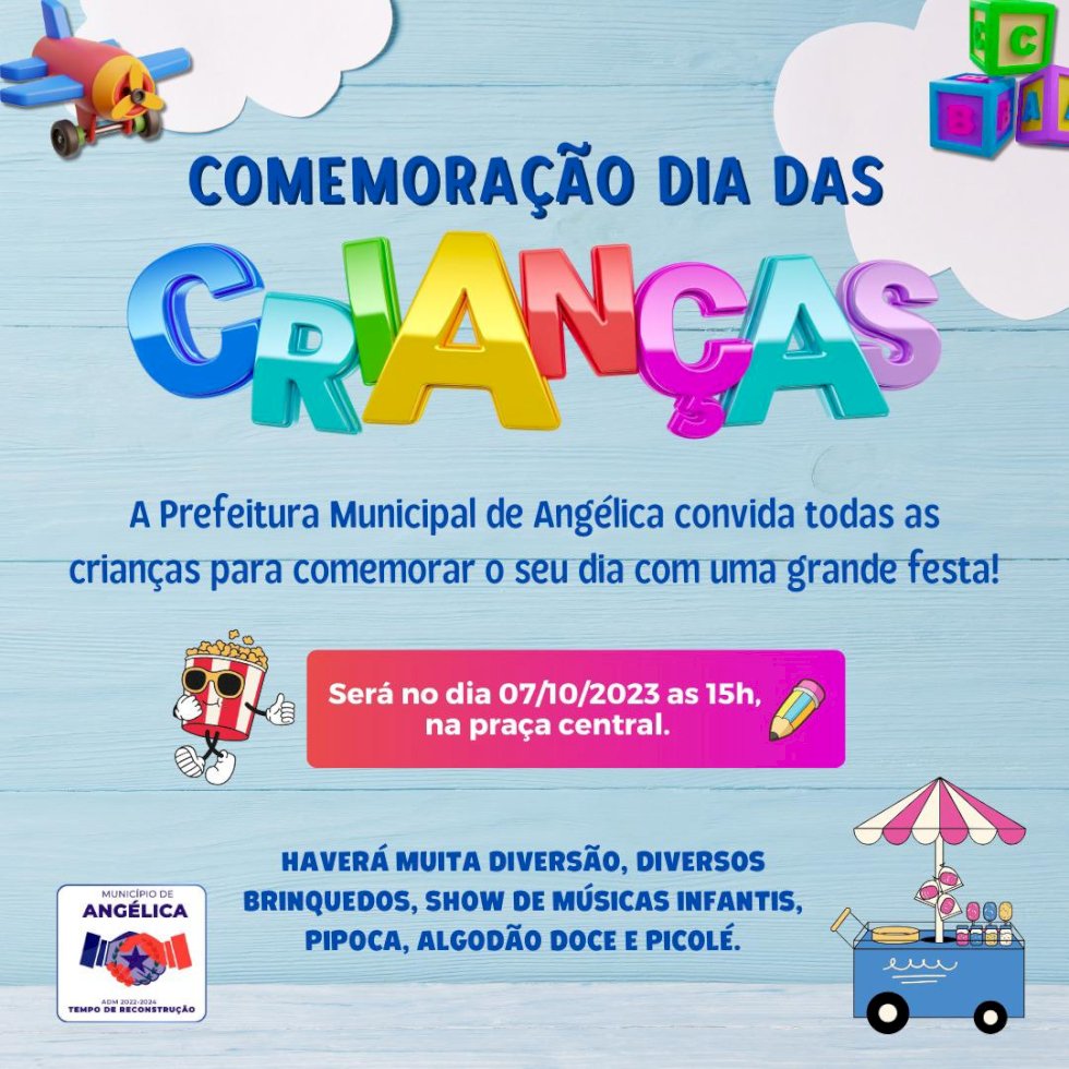 Comemoração do dia das crianças será neste sábado na praça central.
