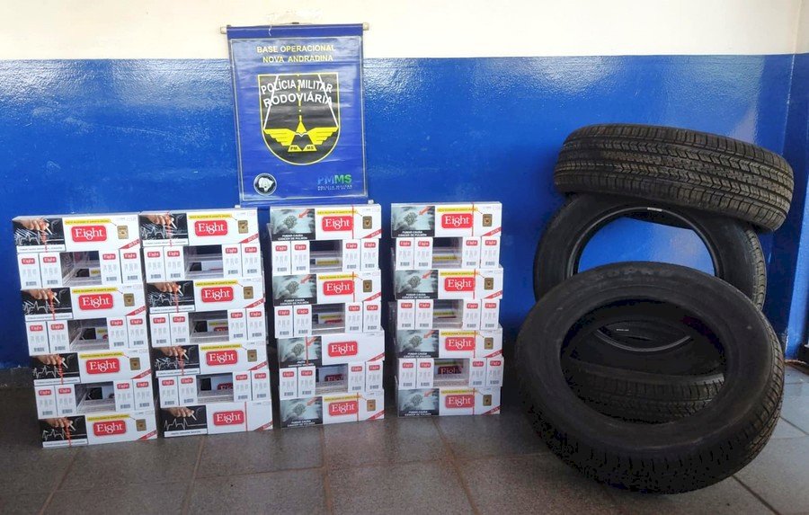 Equipe da PMR apreende cigarros e pneus na MS-134, entre Nova Andradina e Batayporã
