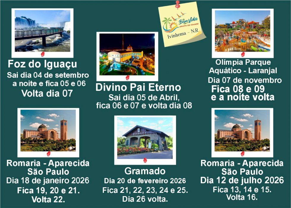 Ivinhema - Excursão para vários  lugares do Brasil, Vejam os roteiros