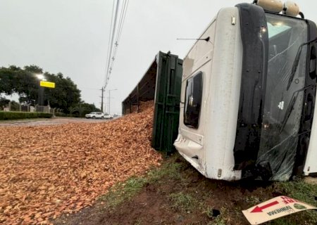 Caminhão carregado com cavaco de madeira tomba em trevo da BR-376 com a MS-473 em Nova Andradina
